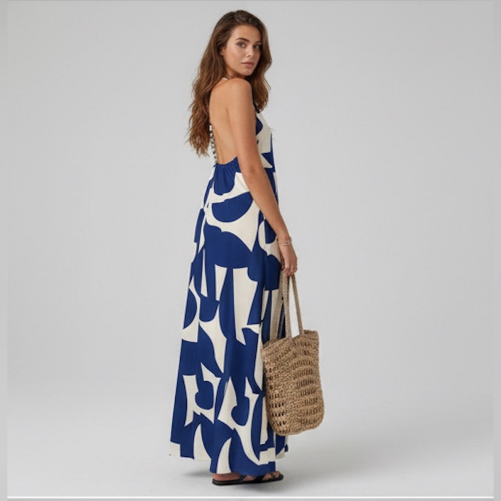 Navy Blue & White Abstract Geometric Maxi Dress | Open Back Beaded Strap - Picture 8 of 12